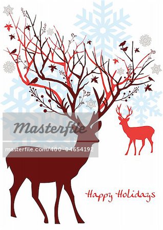 Christmas deer with ornaments and snowflakes, vector xmas card