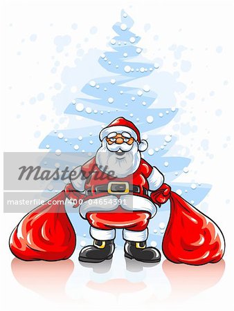 Merry Santa Claus with two sacks of Christmas gifts - vector illustration