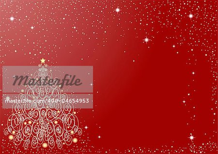 Starry red background with ornate Christmas tree