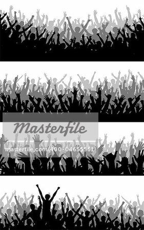 Set of editable vector silhouettes of cheering crowds