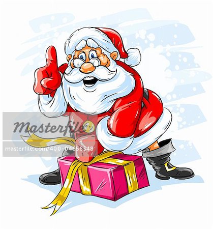cheerful Santa Claus opening a Christmas gift box - vector illustration