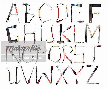 Tools forming the alphabet isolated against a white background
