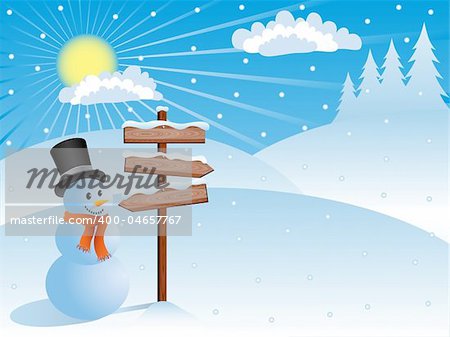 Winter background with a snowman. Vector illustration.