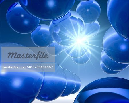 Abstract science of cool sea blue crystal spheres against bright star.