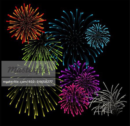 Set of fireworks illustrations on black background