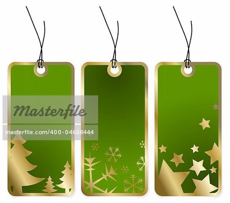 Green Christmas tags with golden borders and seasonal motives