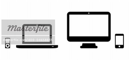 Vector icons of MP3 player, laptop, desktop and phone.