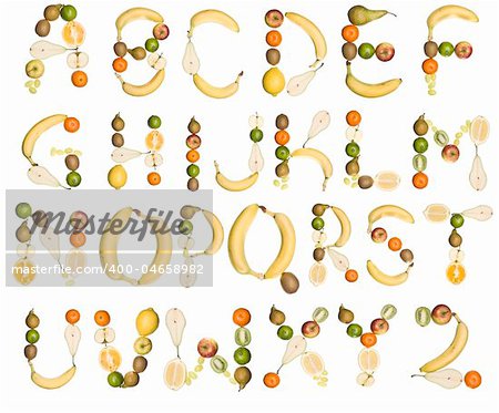 Various fruits forming the alphabet isolated on a white background
