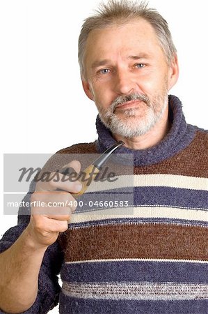 The adult man with a pipe in a hand. Isolation on a white background