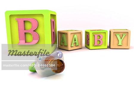 A stack of children's alphabet blocks spelling the word baby and pacifier isolated on a white background