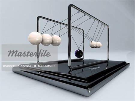 Silver 3d pendulum. Balancing balls Newton's cradle in action over blue