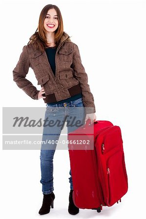 Women ready for travel carrying her suitcase on a wite background