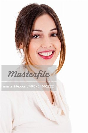 smiling shot of young brunette model on isolated white background