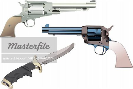 Revolvers and knife on isolated background. Vector illustration