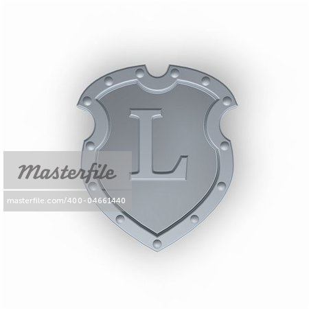 metal shield with letter L on white background - 3d illustration