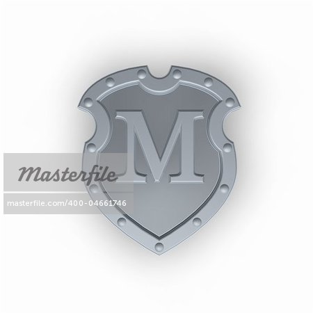 metal shield with letter M on white background - 3d illustration