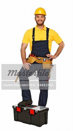 portrait of young construction worker isolated on white background