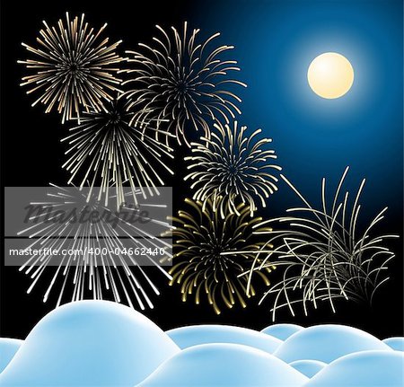 Winter christmas landscape in night with fireworks (vector)