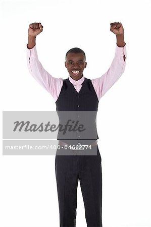 Young Adult black african businessman wearing a dark smart-casual outfit without a Jacket, but with a pink shirt and a dark waistcoat on a white background in various poses with various facial expressions. Part of a series, Not Isolated.