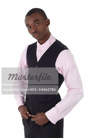 Young Adult black african businessman wearing a dark smart-casual outfit without a Jacket, but with a pink shirt and a dark waistcoat on a white background in various poses with various facial expressions. Part of a series, Not Isolated.