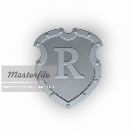 metal shield with letter R on white background - 3d illustration
