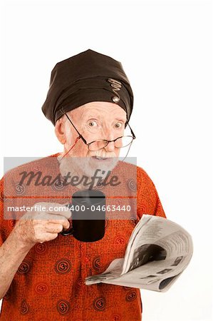 Skeptical New Age Man with Coffe and Newspaper