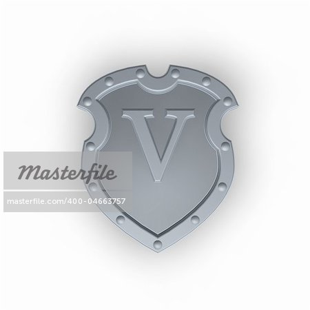 metal shield with letter V on white background - 3d illustration