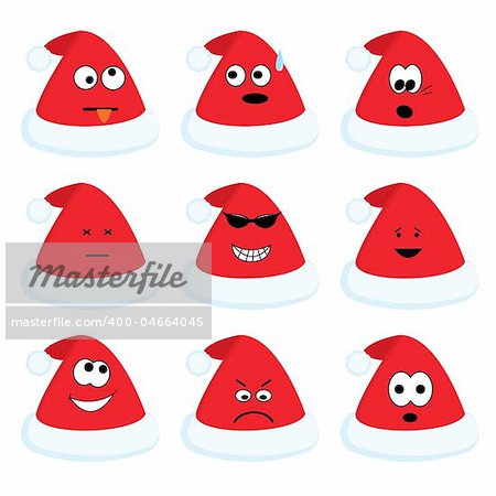 Cartoon santa's hats set with different emotions for your christmas design. Vector illustration.