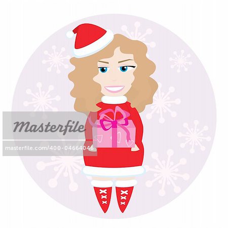 Santa's little lady with gift. Vector illustration for your christmas design.