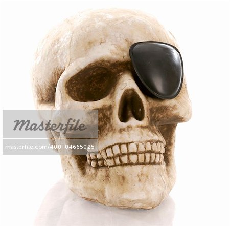 human skull with eye patch on white background