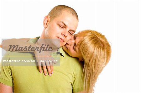 Beautiful blond woman portrait close up kissing man