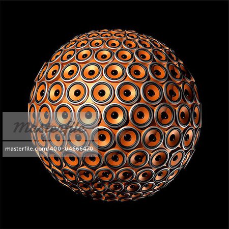 three dimensional sphere made of orange speakers - isolated on black