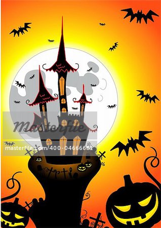 halloween castle with bats pumpkins and moon made in illustrator cs4.