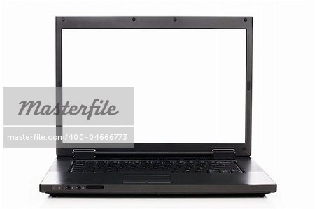 Open business laptop with white screen. Isolated over white
