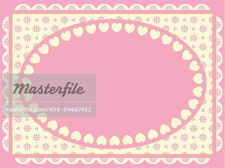 Oval vector frame of hearts on a Victorian eyelet background in shades of pink, gold and ecru.