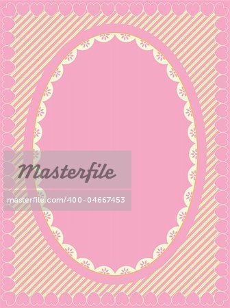 Oval vector frame of Victorian eyelet on heart trimmed striped background in shades of pink, gold and ecru having lots of copy space.