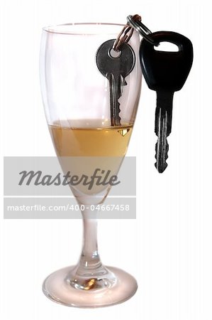 champagne or lager with keys inside glass on white background depicting drunk driving and addictions can kill