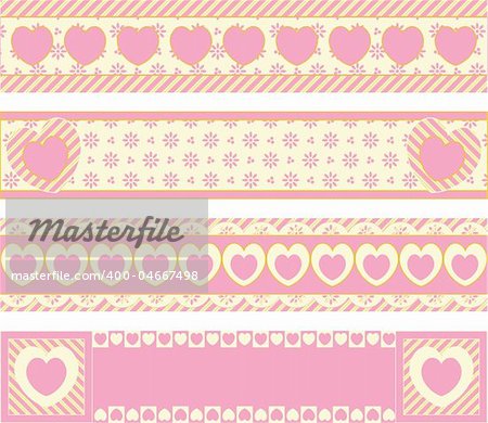 Four vector borders with Victorian eyelet hearts and stripes in pink, gold & ecru.