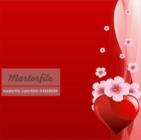 Grange vector Valentine?s Day horizontal background with heart and cherry blossom