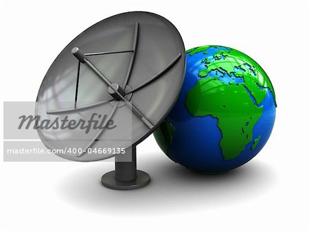 3d illustration of earth globe and stellite antenna, over white background