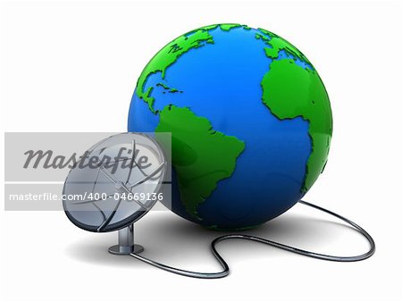 3d illustration of earth globe and satellite antenna over white background