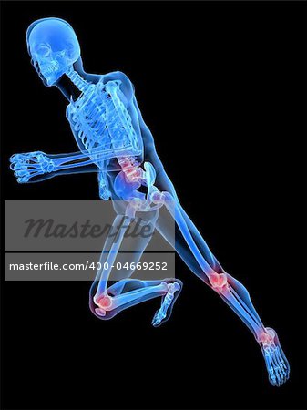 3d rendered x-ray illustration of a running skeleton with highlighted joints