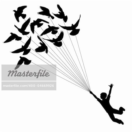 Vector silhouette of a boy carried by flying pigeons