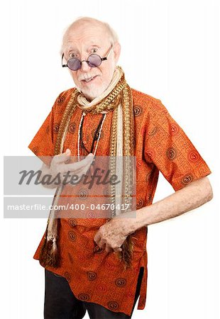 New age senior man in orange shirt