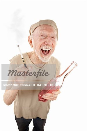 Ragged senior man with liquor bottle and cigarette