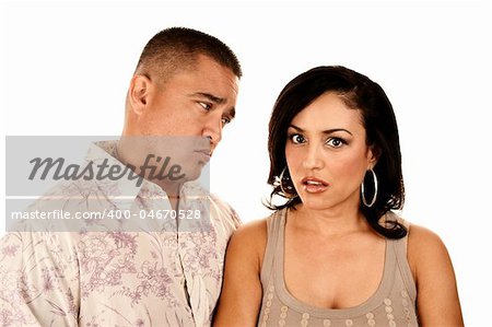 Attractine Hispanic Couple on White Background Showing Skepticism or Anger