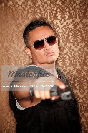 Hispanic Cop Pointing Gun at Camera Gangster Style