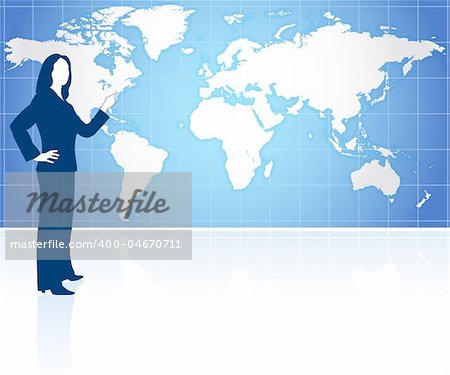 Businesswoman with world map Original Vector Illustration Globes and Maps Ideal for Business Concepts