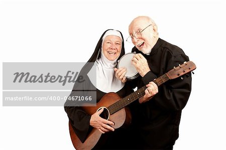 Funny priest and nun with musical instruments on white background