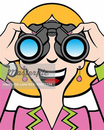 Cartoon of a woman in a business suit using binoculars.